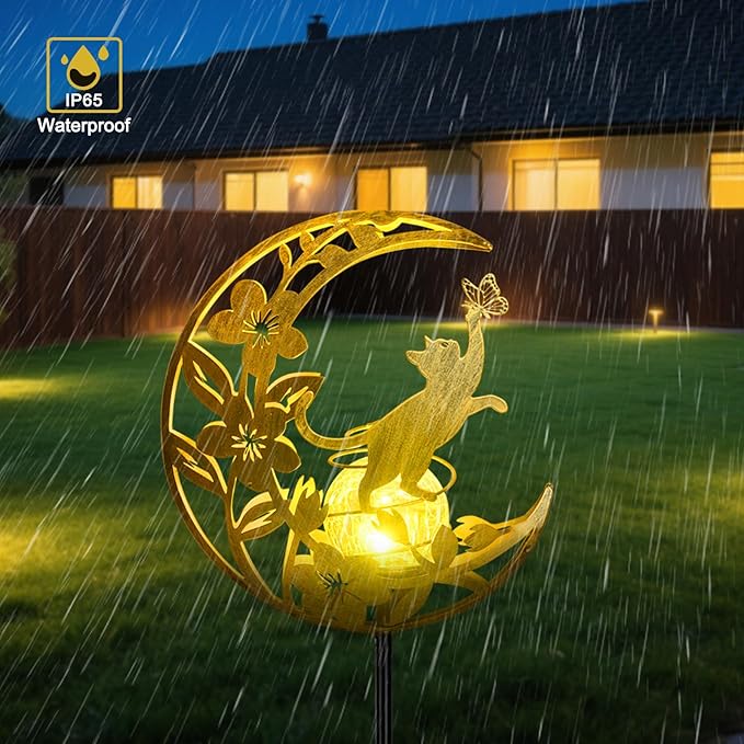 Cat Lights Outdoor Decor - Moon & Cat Sola Garden Lights Waterproof, Auto On/Off Pathway Lighting for Yard/Lawn/Patio, Handcrafted Metal Solar-Stake-Lights for Outside Decorations