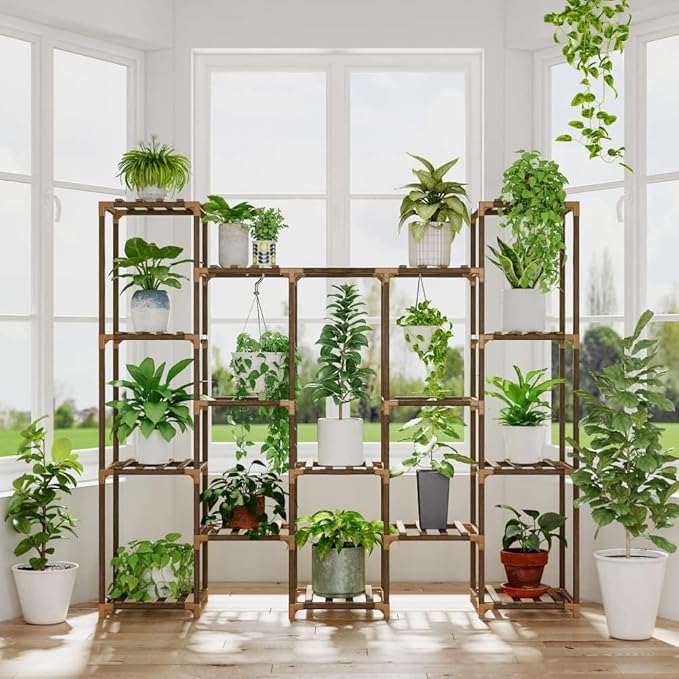 Bamworld Large Hanging Plant Stand Indoor Tall Plant Shelf Outdoor 14 Pots Large Plant Rack for Living Room Patio, Balcony and Garden
