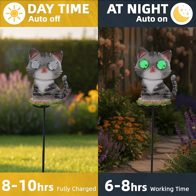 Cat Solar Garden Stakes 39.3inch with Decorative Green Moving LED Eyes, Cat Solar Lights Outdoor Garden Metal Yard Art for Outdoor Decor Lawn Ornament