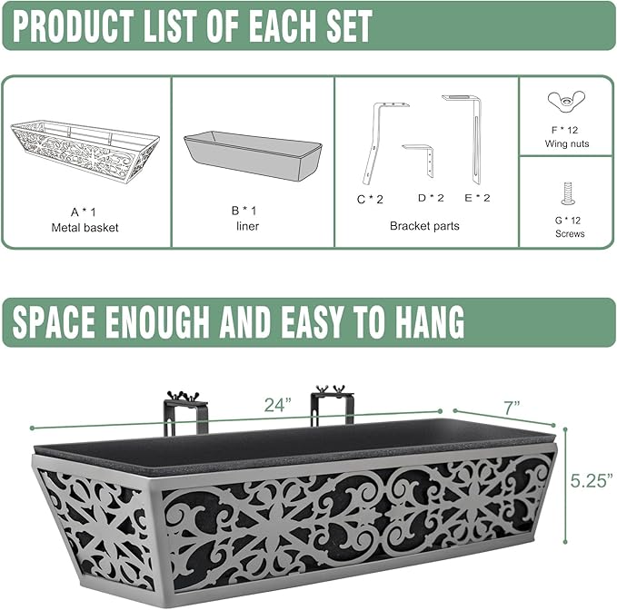 4 Pack 24 Inch Window Boxes Planter for Outdoor Plants Deck Railing Planters Box with Adjustable Brackets for Porch Fence Balcony Hanging Flower Baskets with Non-Woven Fabric Liner for Garden Decor