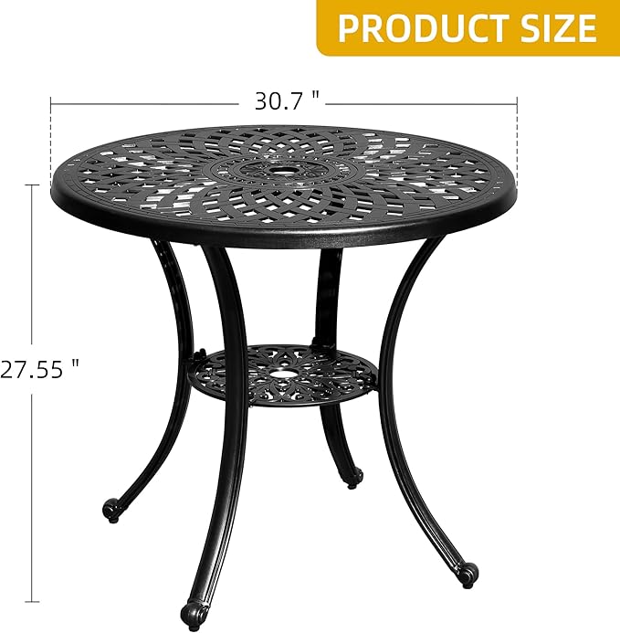 DWVO 30 Inches Round Patio Dining Table with Umbrella Hole, Antique Cast Aluminum Outdoor Bistro Table Outdoor Side Table for Backyard, Garden, Patio, Porch, Black