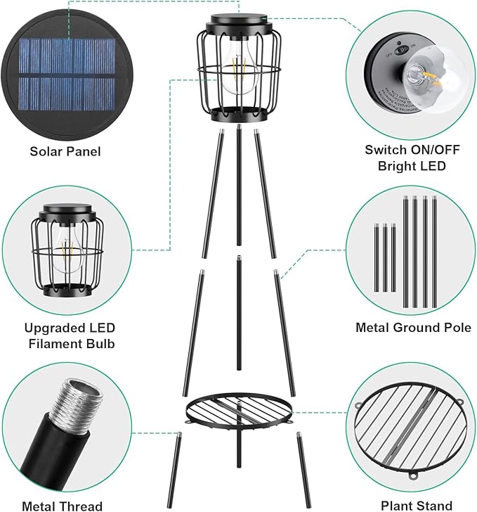 Solar Lights with Plant Stand, Outdoor Floor Lamp, Waterproof Solar LED Edison Bulb Light Flower Shelf for Patio Porch Deck Yard Garden Decor-1 Pack