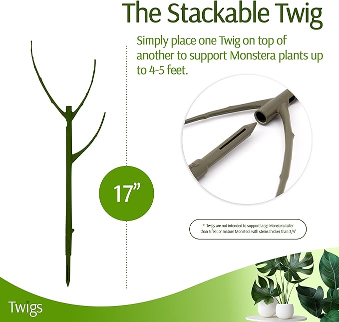 Stackable Monstera Plant Support Stakes, Climbing Support for Indoor & Outdoor Use, Plant Accessories, Aesthetic Alternative to Moss Poles & Trellises – Monstera Green, 5 Pack, 17" L