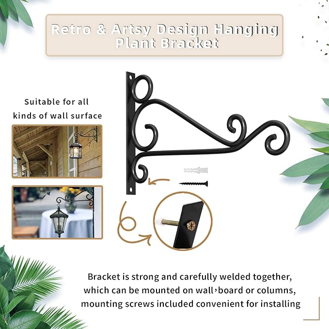 Fashion&cool Wall Hanging Plant Brackets, 12 Inch Retro Heavy Duty Iron Plant Hanger Bracket, Indoor Outdoor Plant Hanger Hook for Hanging Plants Bird Feeder Lantern Wind Chimes