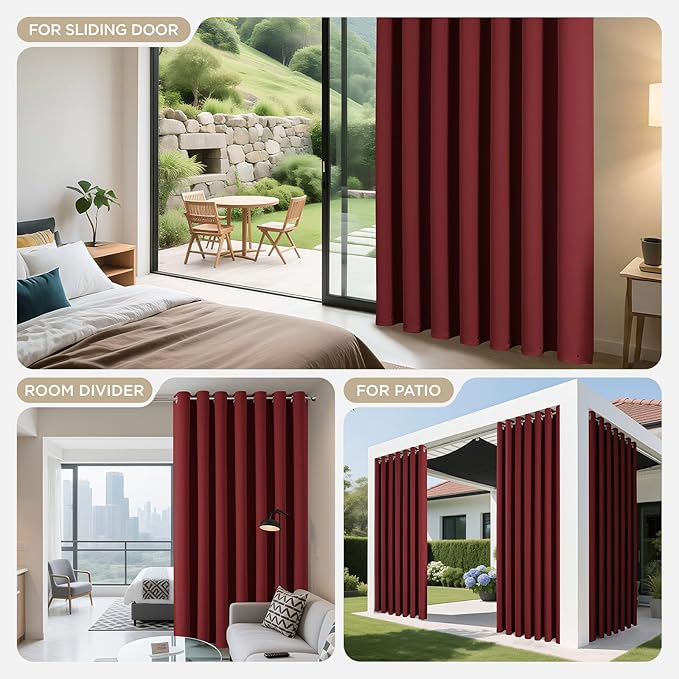 Joydeco Blackout Patio Sliding Door Curtains 90 Inches Long, Grommet Privacy Room Divider Curtains, Extra Wide Thermal Blackout Drapes for Bedroom Living Room (Burgundy Red, 70Wx90L, 1 Panel)