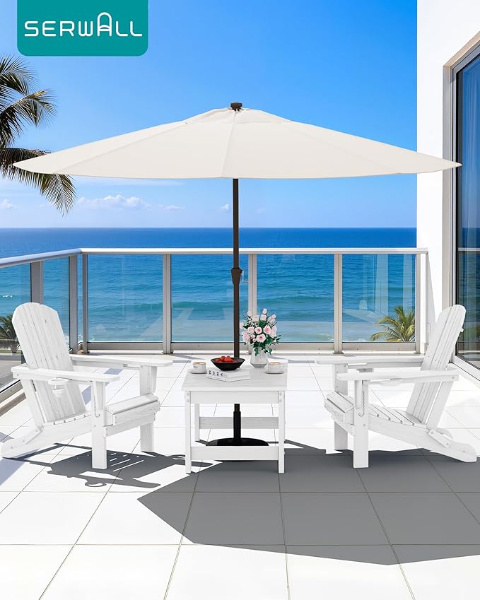 SERWALL Outdoor Coffee Table with 9FT Umbrella, HDPE Patio Coffee Table for Outside, Rectangle, White(Not Include Umbrella Base)