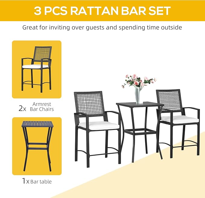 Outsunny 3pcs Patio Bar Set with Soft Cushion, Rattan Wicker Outdoor Furniture Set for Backyards, Lawn, Deck, Poolside