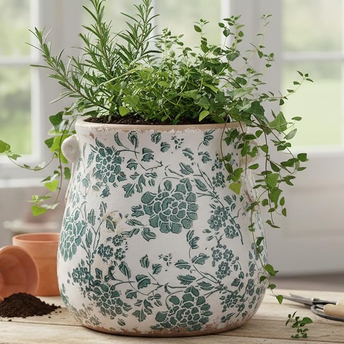 Tuscan Ceramic Planters and Kitchen Utensil Holder, 6.68 Inch Vintage Plant Pots with Drainage for Indoor/Outdoor, Country Cottage Vase for Home Garden Decor, Gifts for Plant Lovers, Cyan