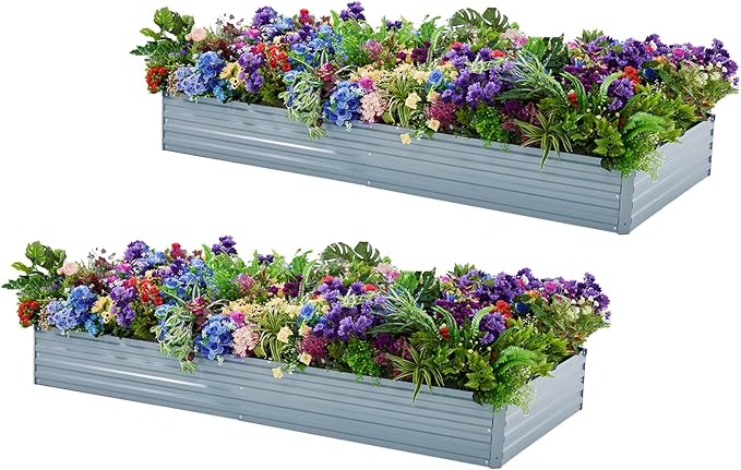 2 Pack 6x3x1FT Galvanized Raised Garden Bed Kit, Outdoor Metal Planter Box for Vegetables, Bottomless Rectangular Gardening Bed with Support Rods, Tool-Free Assembly, Gray