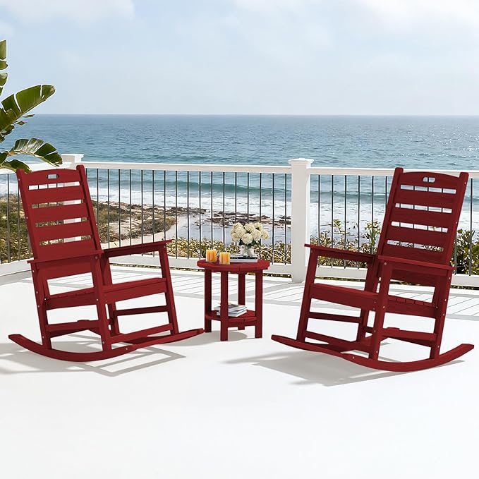 SERWALL Outdoor Rocking Chair Set of 4, Oversized HDPE Patio Rocking Chair with Footrest for Adults, All Weather Porch Rocker for Deck Patio Balcony, Red