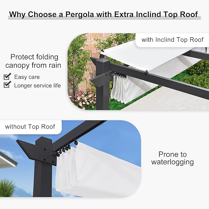 PURPLE LEAF 10' x 13' Outdoor Retractable Pergola with Double Sun Shade Canopy Patio Aluminum Pergola Metal Shelter with Light for Backyard Deck Garden, White