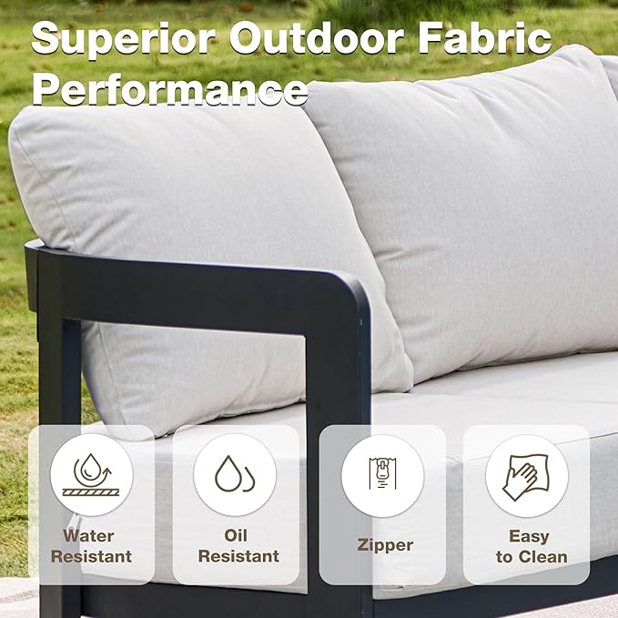 Outdoor Couch Aluminum Patio Furniture, 3-Seat All-Weather Metal Modern Patio Sofa with Washable Thick Cushion for Garden/Backyard/Porch, White