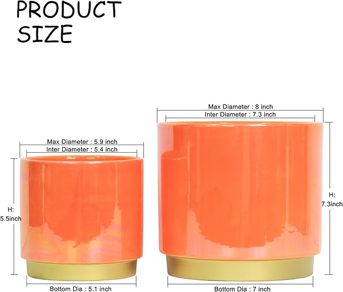 Gepege Peach Indoor Plant Pots for Plants, Ceramic Planter with Drainage Hole, 7.6 Inch +6 Inch 2pcs Succulent Orchid Flower Pot - Rainbow Pearl Glaze