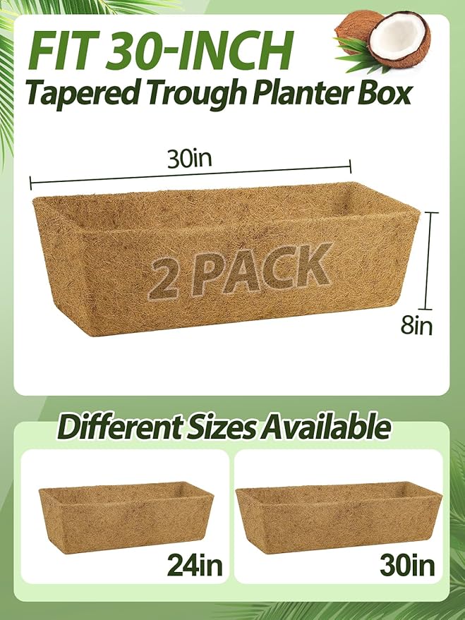 30in Tapered Coco Liners for Window Planter Box - 2 Pack 100% Natural Coconut Coir Fiber Liner Replacement for Deck Flower Box, Garden Railing Fence Wall Planter Basket