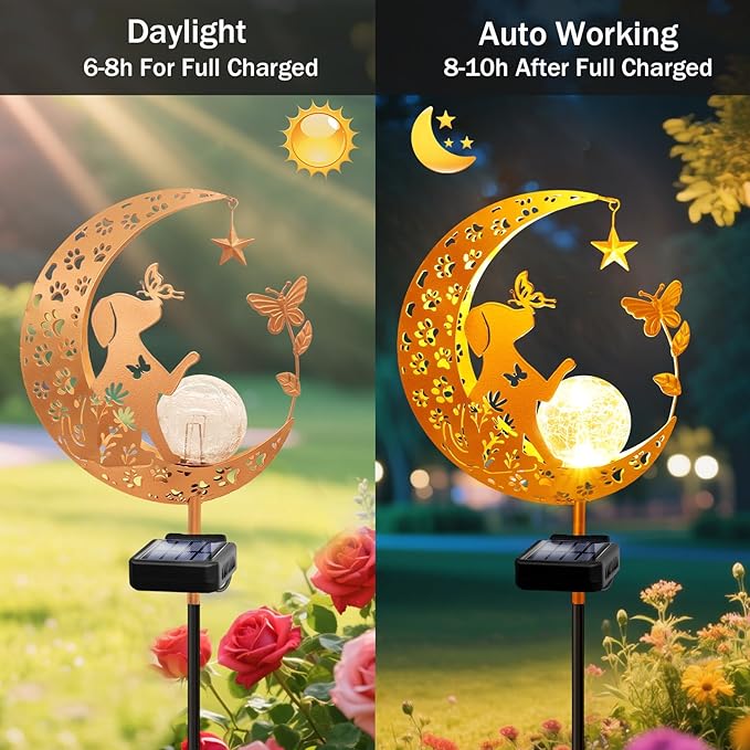 YJFWAL Garden Solar Dog Lights Pathway Stake Lights Glass Globe with Moon Cat Decor, Christmas Gift for Mom Grandma Friends, Outdoor Decor Light Waterproof for Walkway, Patio or Garden (Warm White)