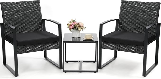 3 Piece Wicker Patio Bistro Set, Rattan Conversation Set with Coffee Table, for Balcony, Porch, Garden, Yard, Poolside, Black Frame with Black Cushion
