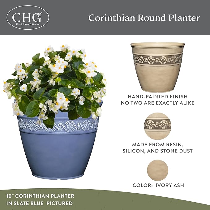 Classic Home and Garden Corinthian Resin Planter Pot - Outdoor & Indoor Plant Pot - Round Planter for Plants & Flowers (13" Ivory Ash, Pack of 1)