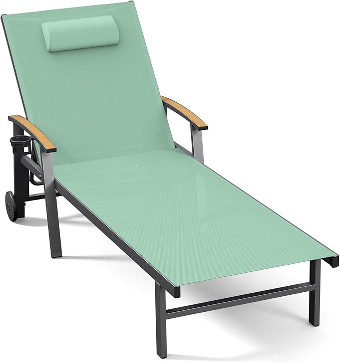 Ciokea Outdoor Lounge Chair with Pillow, 5-Position Aluminum Chaise Lounge with Wheels & Armrests, 400 lbs Heavy Duty Patio Pool Chair for Deck, Backyard, Beach & Poolside, Light Green