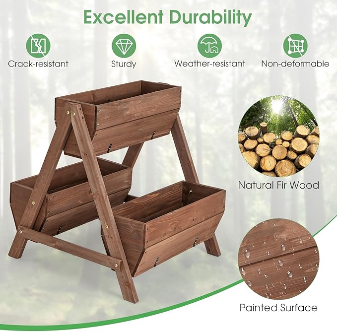 Giantex Vertical Raised Garden Bed, 3 Wood Planter Boxes for Flower Vegetable Fruit Herb, Freestanding Garden Planter with Drain Holes, Elevated Raised Beds for Indoor Outdoor Lawn Patio Yard, Brown