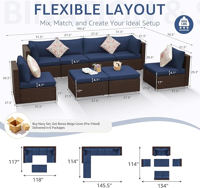NICESOUL 8 Person Modern Deck Furniture Set, 29.3'' High Back Comfy Outdoor Sectional Sofa Set, Extra Large Wicker Patio Conversation Seating Sets for Terrace, Brown Rattan and Navy Blue Cushion