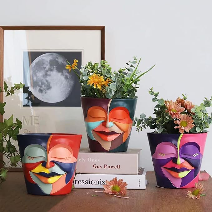 GUGUGO Abstract Rainbow Head Planter, Unique Face Plant Pot with Drainage, Cute Eclectic Flower Planters Pots for Indoor & Outdoor Plants, Colorful Funny Room Decor (Coral Red & Indigo,5.5Inch)