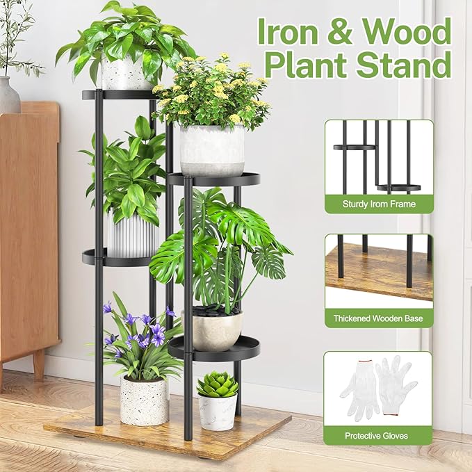 iDavosic.ly 4 Tier Plant Stand Indoor Outdoor, Tiered Corner Multiple Flower Pot Holder Shelf, Metal 30 Inch Tall Display Rack for Patio Porch Living Room Garden Balcony, Modern Black & Rustic Brown