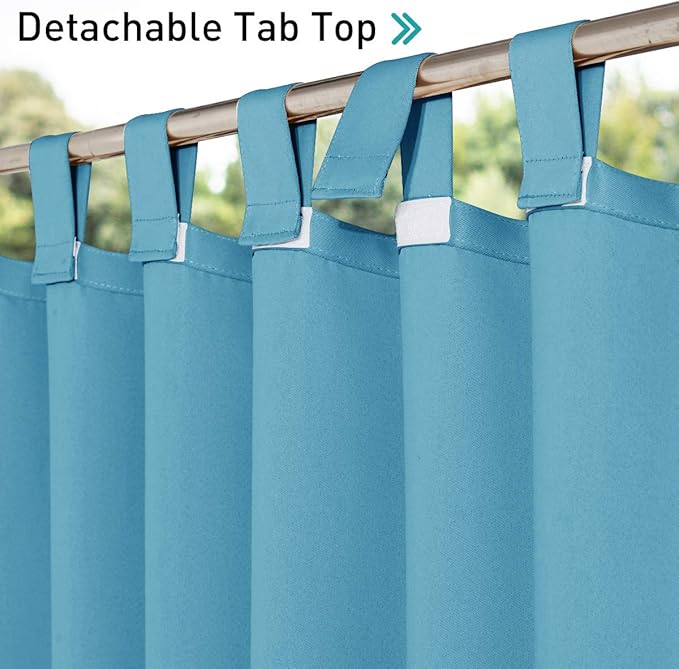 NICETOWN 2 Pieces Exterior Lanai Outdoor Curtainss for Patio Waterproof Teal, Insulated Room Darkening Detachable Sticky Tab Top Heavy Weight Wind Prevention for Cabana Drapes, W52 x L95, Teal Blue