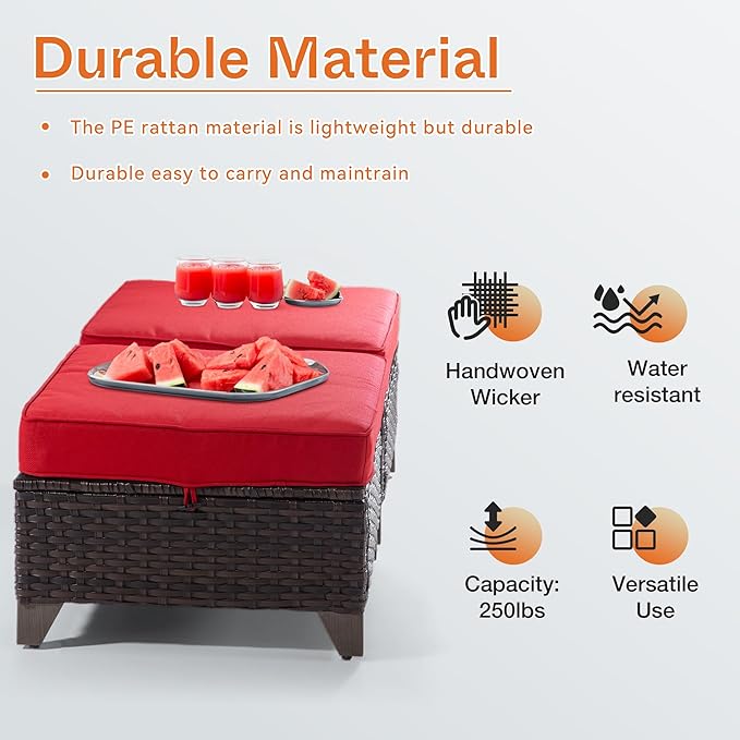 Joyside Patio Ottoman Set of 2, All Weather Outdoor Rattan Ottomans Patio Footstools with Removable Cushions for Garden Backyard Porch (Red)
