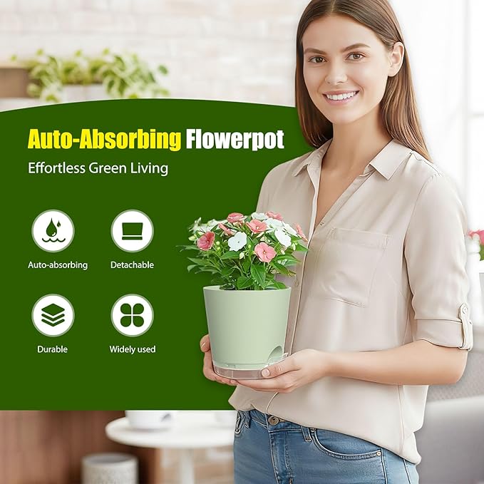 Plant Pots 7 Inch Self Watering Pots, 6 Pack Plastic Planters with Drainage Holes and Clear Saucers,Plastic Flower Pots for Indoor Out Door Plants(Green)
