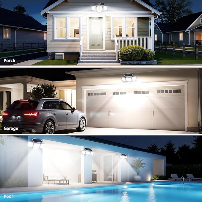 WdtPro Motion Sensor Outdoor Lights 3 Pack,3500LM Bright Solar Lights Outdoor Flood Light, Upgrade Glass Panel, LED Solar Powered Security Light Spotlights Waterproof for Outside Yard-White