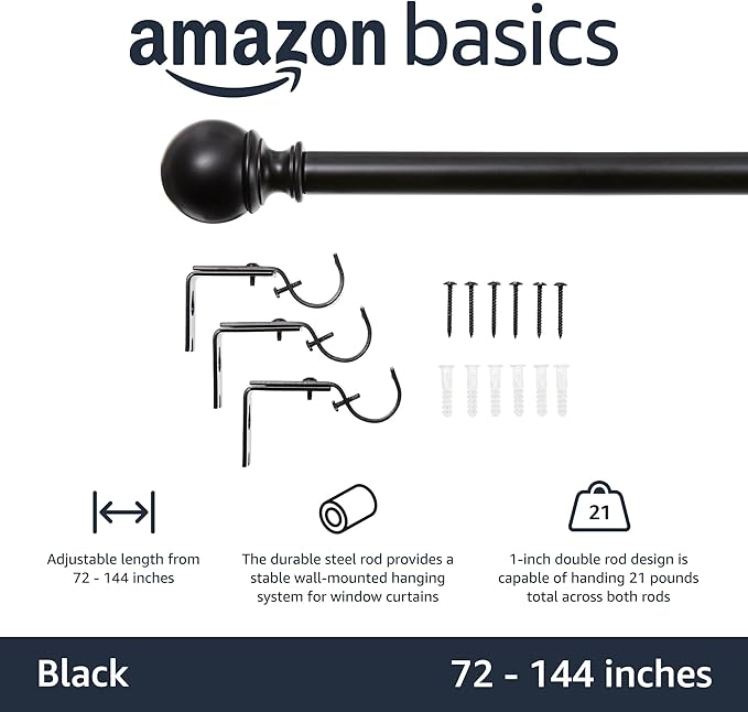 Amazon Basics Sturdy Adjustable Curtain Rod for Windows with Round Finials, 1-Inch, 72" to 144", Black, 1-Pack