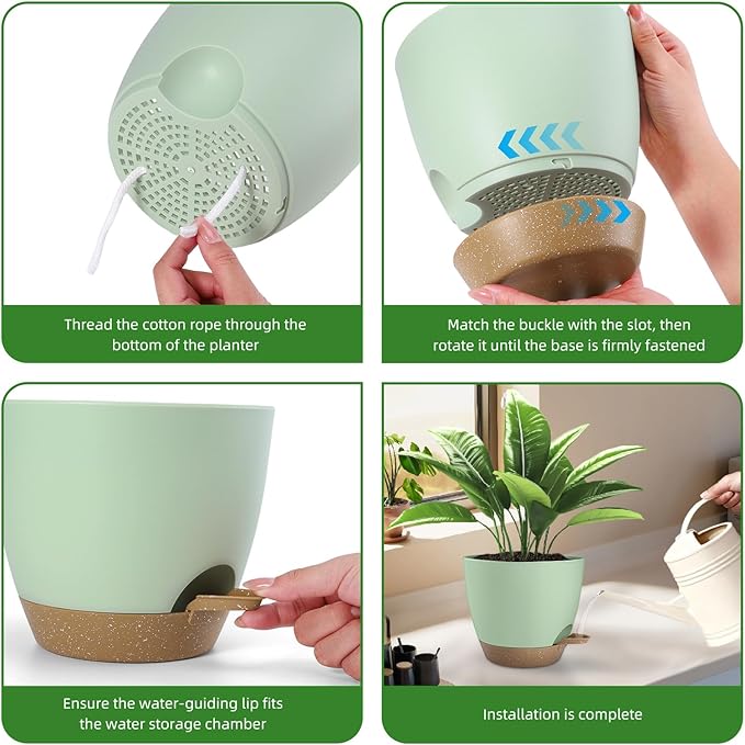Plant Pots 8/7.5/7/6.5/6 Inch Self Watering Pots,5 Pack Planters with Drainage Holes and Saucers,Plastic Flower Pots,Nursery Planters for Indoor Outdoor Plants (Green)