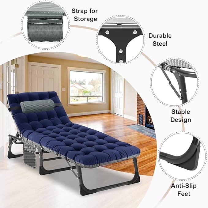 ABORON 2PK Heavy Duty Tanning Chair, 5-Gear Outdoor Folding Chaise Lounge Chair with Cushion,Portable Beach Lounge Chair for Outdoor Sunbathing Patio Pool Lawn Deck Poolside, Royal Blue-2pc