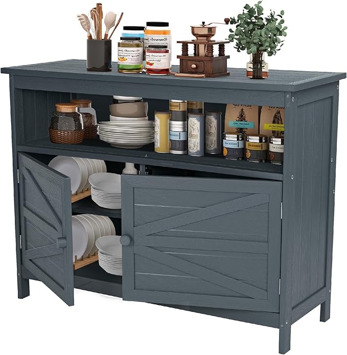HIPS All-Weather Outdoor Storage Cabinet,Outdoor Sideboard with Magnetic Doors,3-Shelves Patio Storage Cabinet, Used for Garden,Buffet Cabinet,TV Stand, Bar Table,Balcony