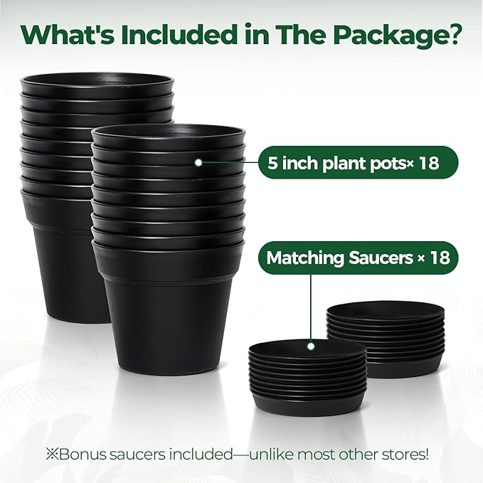 T4U Flower Pots 18-Pack, 5 Inch Plant Pot with Saucer and Drainage Hole, Durable Plastic Flower Pots, Small Pots for Plants, Violet, Succulent and Indoor Plant Decorative (18 Pack 5" Pot, Black)