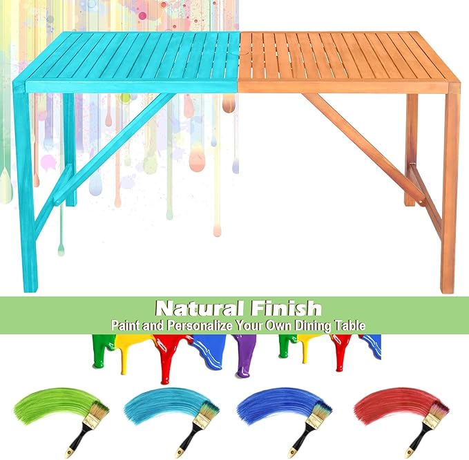 Tangkula 55" Acacia Wood Outdoor Dining Table for 4-6 Person, Rectangular Patio Dining Table with 2" Umbrella Hole and Support Bars, Indoor Outdoor Dining Furniture for Deck, Garden, Poolside & Yard