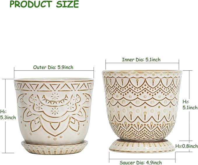 Gepege Beaded Ceramic Planter 6 Inch Set of 2 with Drainage Hole and Saucer for Plants, Indoor-Outdoor Large Round Succulent Orchid Flower Pot (Cream White, Inner-pots not Larger Than 5 Inch)