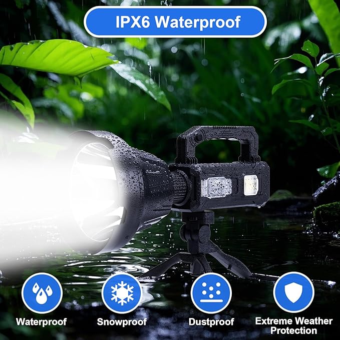 Rechargeable Spotlight Flashlight, Peascat 3,000,000L Lumens LED Handheld Spot Light, 6 Modes, 3 Colored Lenses, Solar & USB-C Charging, Tripod, IPX6 Waterproof for Fishing, Camping, Outdoor Emergency