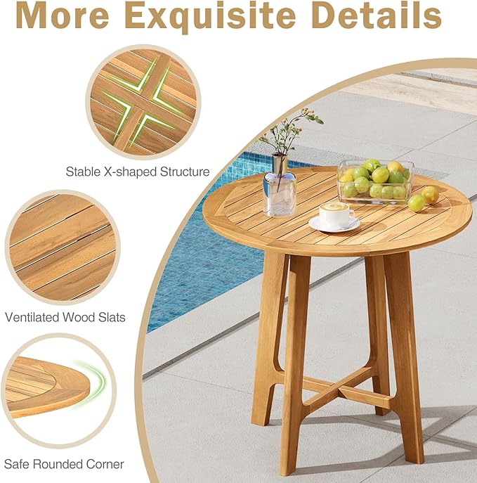 Tangkula 31.5" Round Patio Dining Table, Teak Wood Outdoor Dining Table with Slatted Tabletop, X-Shaped Frame & 4 Sturdy Supporting Legs, Indoor or Outside Table for Deck, Garden, Poolside & Backyard