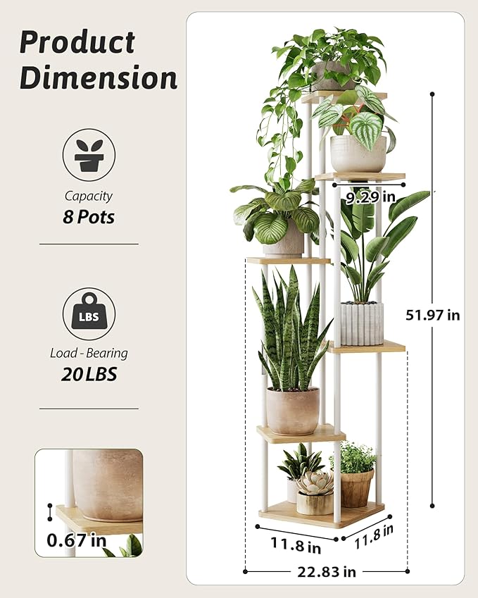 Tall Plant Stand Indoor 6 Tiered Plant Shelf for Multiple Plants Coner Shelf Stand Wood Plant Stand Metal Shelving for Living Room Bedroom Balcony Patio White