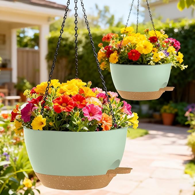 10 Inch Hanging Baskets 2 PC with Chains, Self-Watering Hanging Planters for Indoor Outdoor Plants, Plastic Hanging Flower Pots,Green Brown