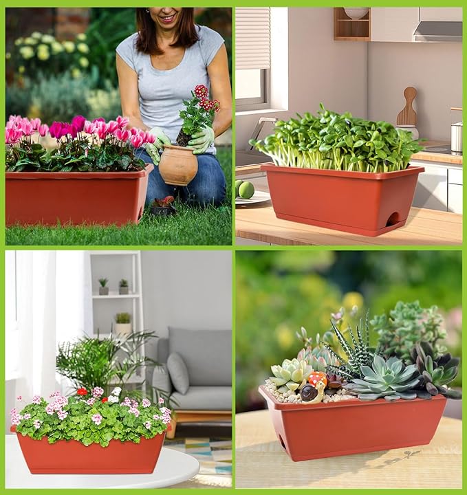 Window Box Planter, 7 Pack Plastic Vegetable Flower Planters Boxes 17 Inches Rectangular Flower Pots with Saucers for Indoor Outdoor Garden, Patio, Home Decor
