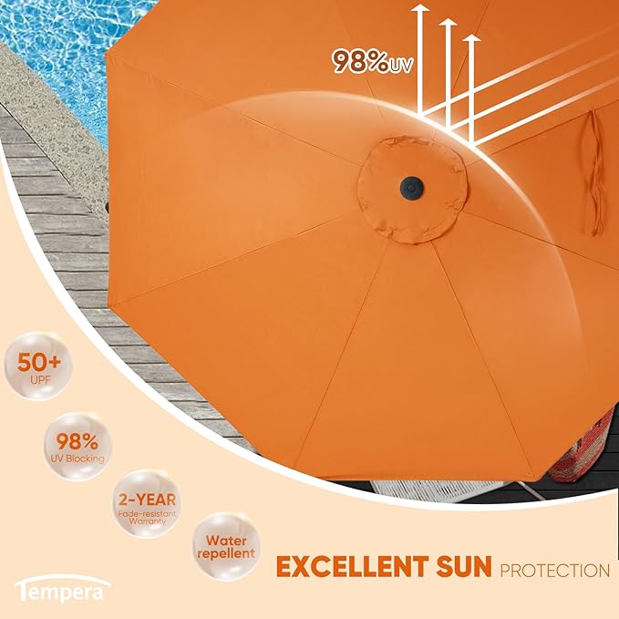 Tempera Patio Market Outdoor Table Umbrella with Auto Tilt and Crank, Large Sun Umbrella with Sturdy Pole & Fade Resistant Canopy, Easy to Set