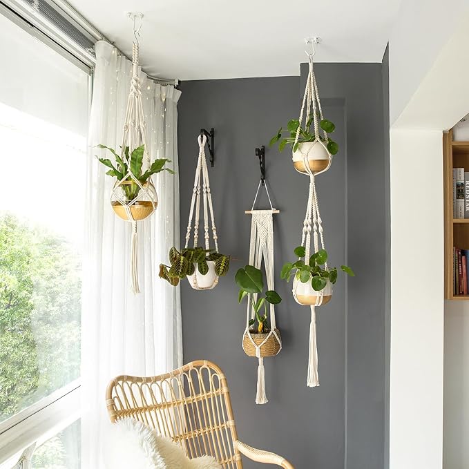 Mkono Macrame Plant Hangers Set of 4 Indoor Hanging Planter Basket Wall Decorative Flower Pot Holder with 4 Hooks for Indoor Outdoor Home Decor Gift Box, Ivory