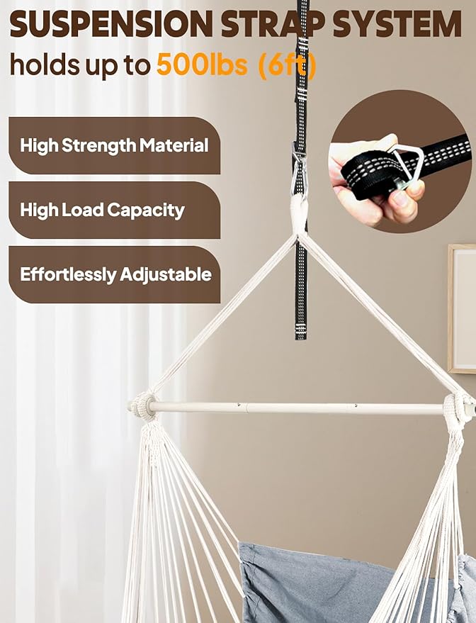 Chihee Hammock Chair Hanging Swing Max 500 Lbs 2 Cushions Included Metal Spreader Bar with Anti-Slip Grooves Portable Hanging Chair Side Pocket Large Macrame Bohemian Chair Indoor Outdoor
