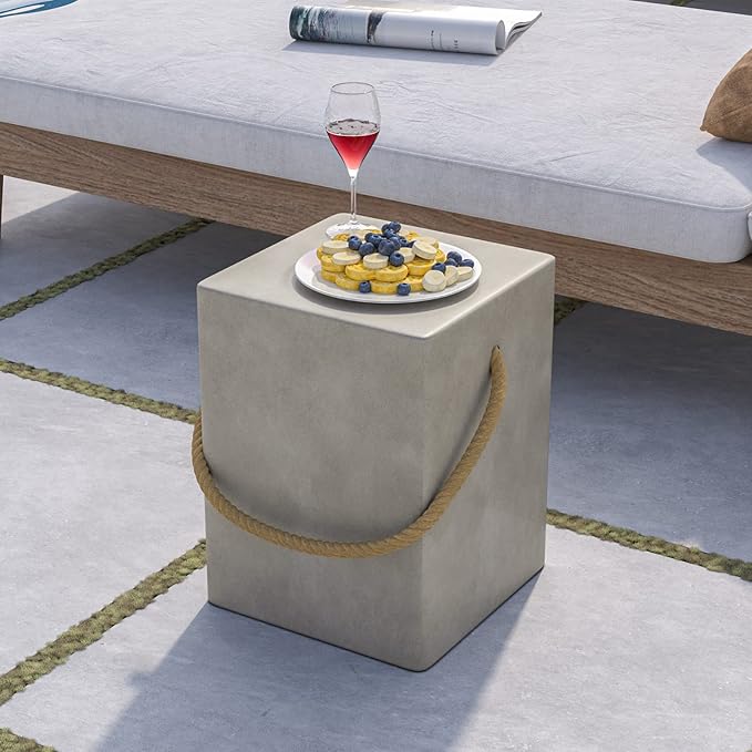 COSIEST Concrete Side Table, Rectangular Outdoor Side Table w Hemp Rope Handles,15''Patio Side Tables End Table, Outdoor Accent Coffe Table for Garden and Patio, Grey