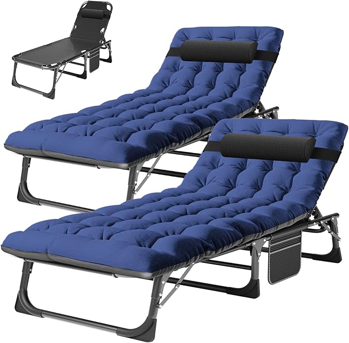 ABORON 2PK Heavy Duty Tanning Chair, 5-Gear Outdoor Folding Chaise Lounge Chair with Cushion, Portable Beach Lounge Chair for Outdoor Sunbathing, Patio, Pool, Lawn, Deck, Poolside