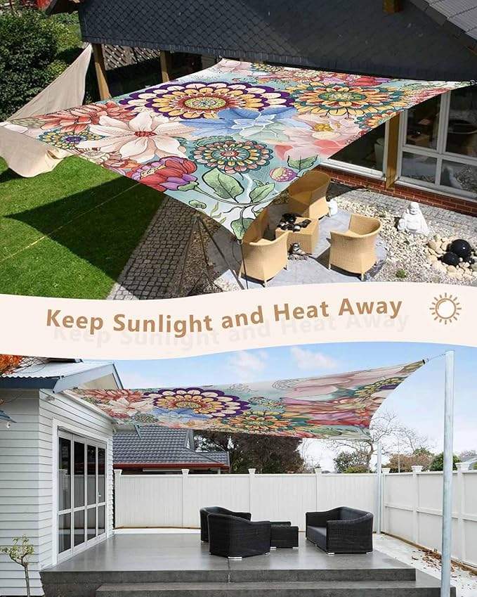 Sun Shade Sail 8'x10' Boho Floral Rectangle Sun Shade Sails Canopy Waterproof Mandala Flowers Plant Outdoor Sunshades Sand UV Block Cover Shade Cloth for Patio Backyard Garden Deck Porch Lawn