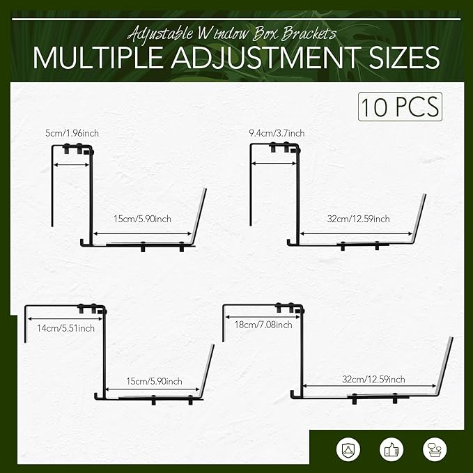 Layhit 10 Pcs Adjustable Planter Box Brackets Universal Heavy Duty Flower Box Brackets Window Iron Railing Planter Holder for Balcony Fence Pergola Patio Garden Windowsill, 6-12.5 Inch (Black)