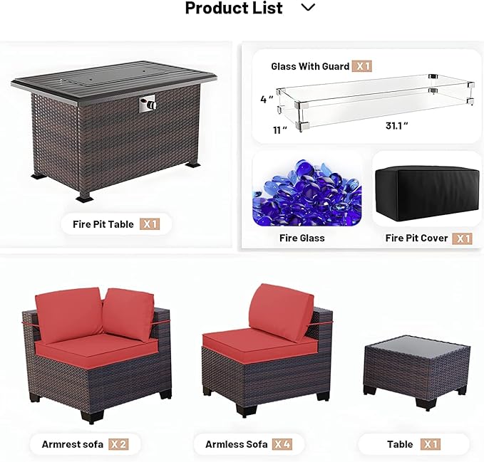 Kullavik 8 Pieces Outdoor Patio Furniture Set with 43" 55000BTU Gas Propane Fire Pit Table PE Wicker Rattan Sectional Sofa Patio Conversation Sets,Red